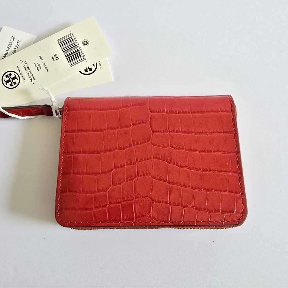 Tory Burch Small Kira Croc-Embossed Leather Zip-around Wallet Red Sky - Picture 5 of 8